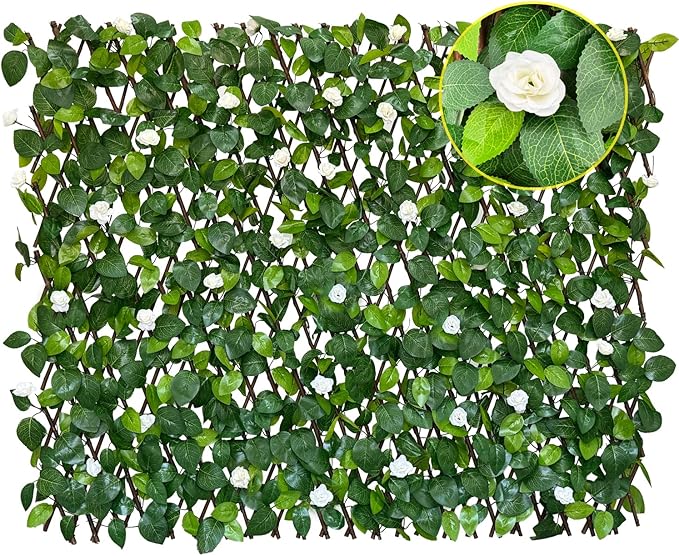 BYBAG Expandable Faux Ivy Fence Privacy Screen for Patio Outdoor Balcony Bedroom Decor,Artificial Leaf Wall Decoration Fencing Panel(Single Sided Leaves) (1, whiteflower)