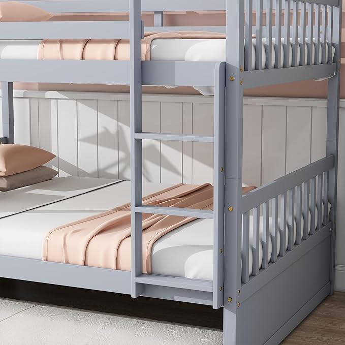 Bellemave Full Over Full Bunk Bed with Trundle,Convertible Bunk Beds with Ladder & Safety Guardrails,Full Size Trundle Bunk Beds for Kids Girls Boys,Light Grey