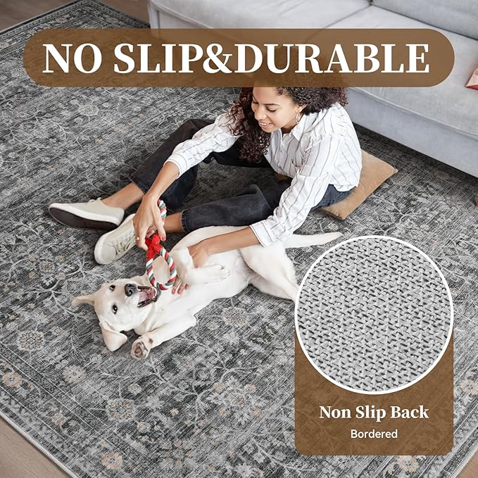 MontVoo-Vintage Area Rug 6X9 Grey Rugs for Living Room-Soft Distressed Printed Rugs for Bedroom-Non Slip Carpet-Machine Washable Rug for Dining Room Living Room Bedside Office