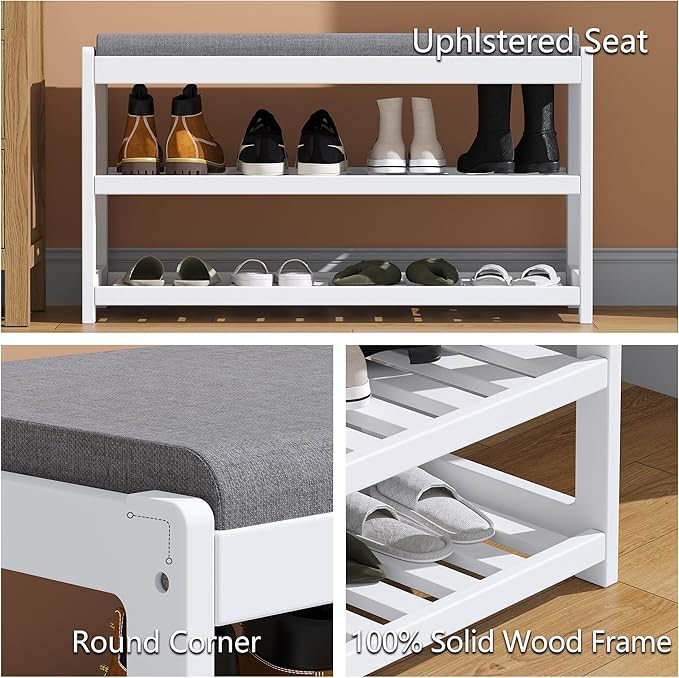 Shoe Bench Entryway, 100% Solid Solid Wood Shoe Rack Bench with Storage and Cushion Padded Seat, 3-Tier Shoe Organizer for Hallway Living Room, Mudrooms, White