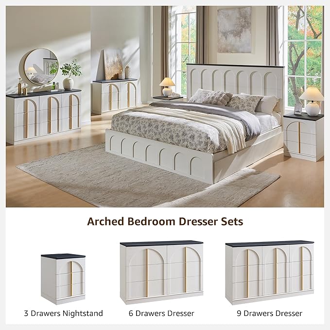 ACCOHOHO Queen Size Bed Frame Modern with 52" Tall Arched Recessed Headboard and 4 Drawers, Solid Wood Slats Support, Wood Platform, Noise Free, No Box Spring Needed, Antique White