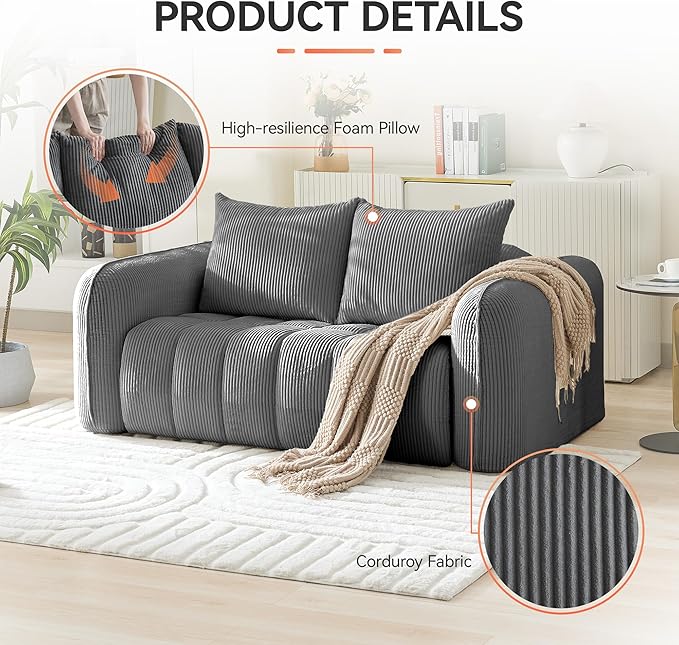 Corduroy Boneless Living Room Sets, Modern Upholstered Loveseat with 2 Signle Sofa Chairs, Comfy Deep Seat Cloud Sofa Couch Sets for Living Room, Grey