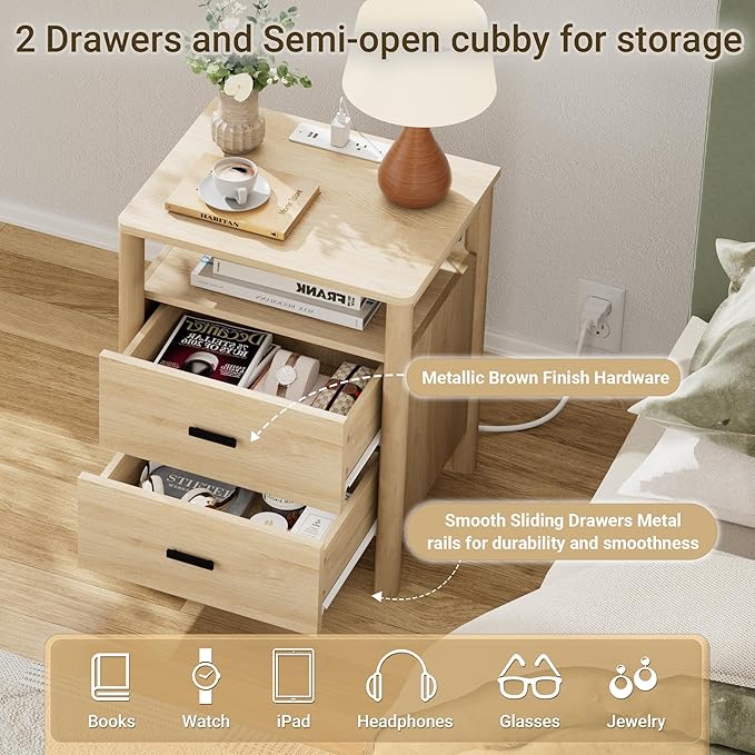 FavourLife Night Stand, 20" Wide Nightstand, Modern Large Nightstand with Charging Station, 2 Drawer Wooden End Table with Solid Round Post Legs & Open Shelf, Bedside Table for Bedroom, Natural Oak