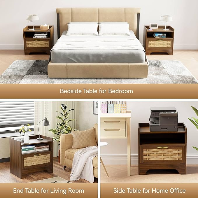 24" Rattan Nightstand with Storage Drawer, Walnut Bedside Table with Semi Open Cubby, Boho Night Stand with Farmhouse Arched Base for Bedroom, Side Table, End Table for Dorm