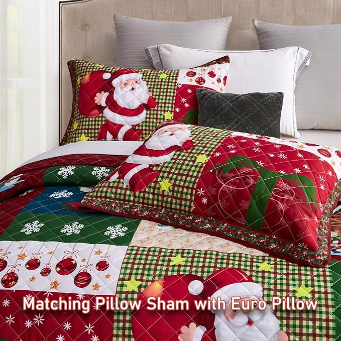 CHIXIN Christmas Oversized Bedspread King Size, Santa Claus Pattern Bedding Quilt, Rustic Lodge Plaid Patchwork Coverlet Set, Lightweight & Soft Microfiber, 3 Piece, King/Cal King