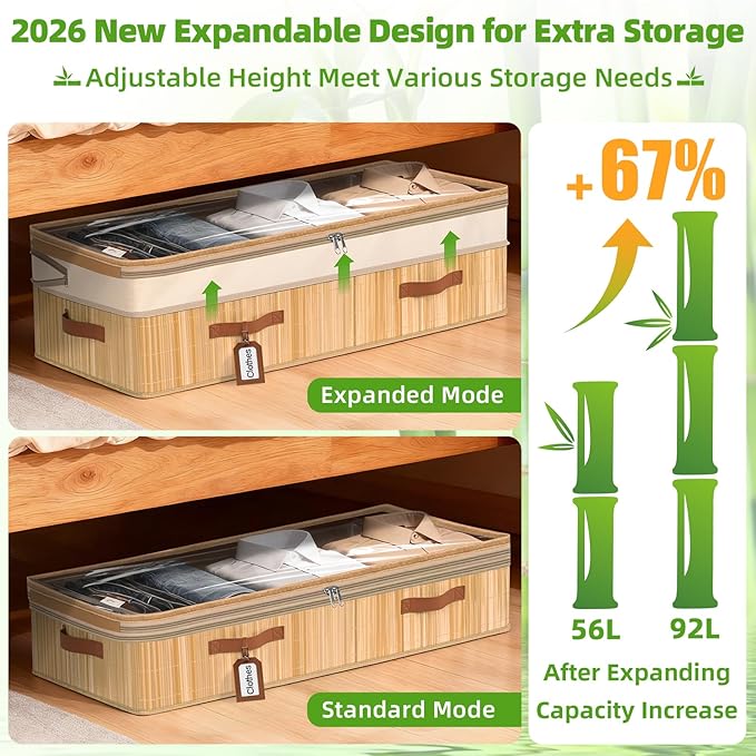 Livole Bamboo Under Bed Storage, 6-10 inches Height Adjustable Underbed Storage Containers, 92L XXXL Large Under Bed Storage Bins with Clear Lid & Label for Clothes, Blankets, Sweater, Shoes, 1 Pack