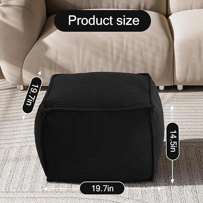 MeMoreCool Stuffed Pouf Ottoman Foot Rest Square, Corduroy Floor Pouf Foot Stool with Foam Chunk Filling, Soft Stuffed Ottoman Footrest for Living Room, Black