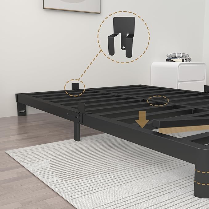 ITIMIDI 4 Inch Full Bed Frame, Platform Bed Frames with Metal Gaskets, No Box Spring Needed, Heavy Duty Steel Slat Support, Anti-Slip Mattress Stopper, Round Corner Leg, Easy Assembly, Black