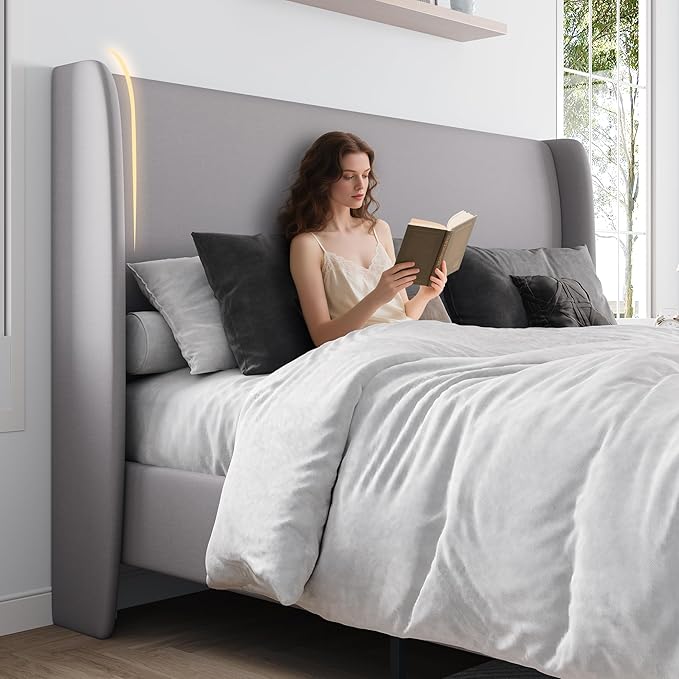 Jocisland King Upholstered Platform Bed Frame with 51.2" Tall Wingback Headboard–Solid Wood Legs, No Box Spring Needed, Light Grey Linen–Modern Style for Any Bedroom