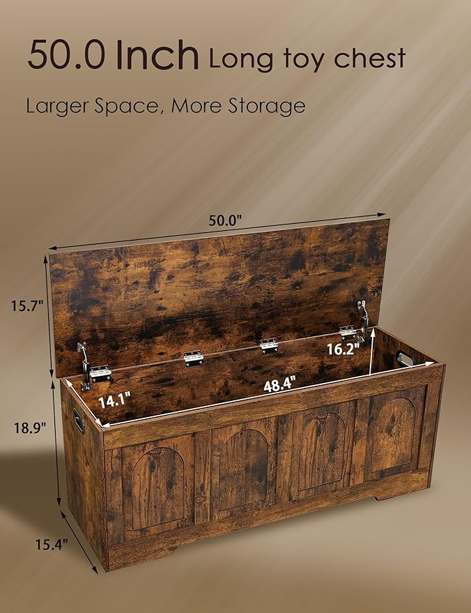DINZI LVJ Storage Chest, 50” Extra Large Storage Bench with 2 Safety Hinges, Wooden Toy Box with Flip-Top, Large Trunk for Living Room, Playroom, Easy Assembly, Rustic Brown