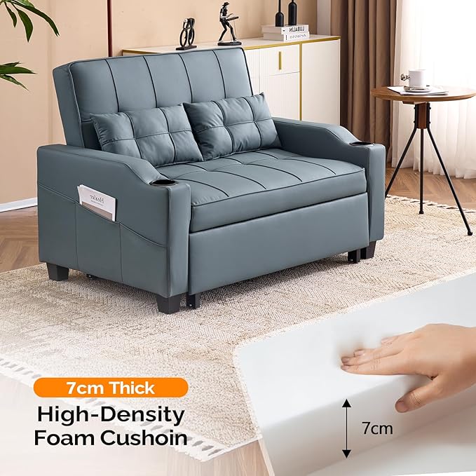 VINGLI Convertible Loveseat Sleeper, Blue Grey Faux Leather Futon Sofa Bed Pullout Couch Bed with USB Ports, Cup Holders, Armrest for Living Room, Bedroom, Home Office Apartment
