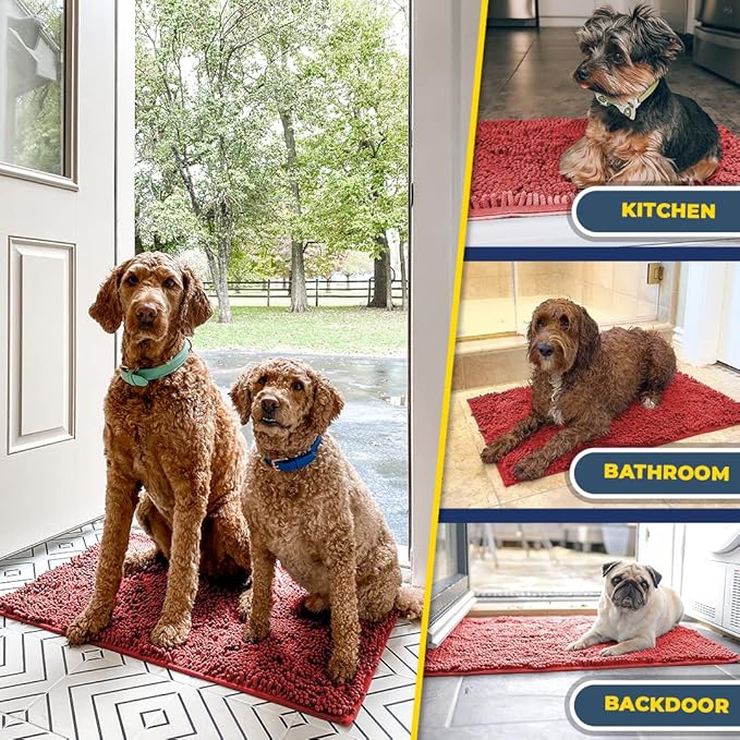 Muddy Mat® Shown on TV – Super Absorbent Microfiber Dog Door Mat for Muddy Paws, Non-Slip Washable Pet Rug, Quick Dry Chenille Entryway Carpet, Machine Washable Indoor Outdoor mat, Red 35"x24"