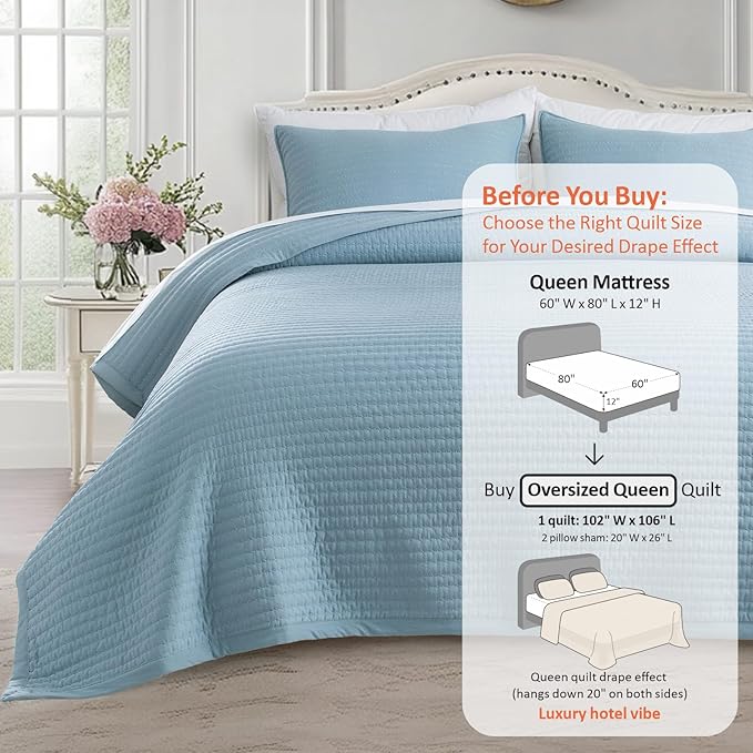 KASENTEX Oversized Queen Quilt Set 102"x106" – Soft Washed 3-Layer Lightweight Bedspread, Minimalist Nordic Design, All-Season Spring & Summer Quilt Set (1 Quilt + 2 Pillow Shams), Blue