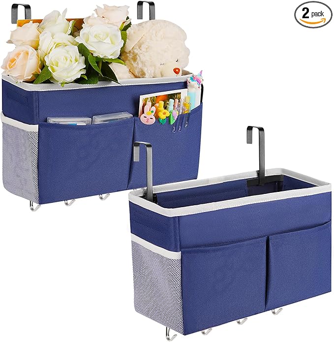 Bedside Storage Organizer 5 Pockets with 4 Hooks Hanging Storage Bag for Headboards/Bunk Bed (2Pack Dark Blue)