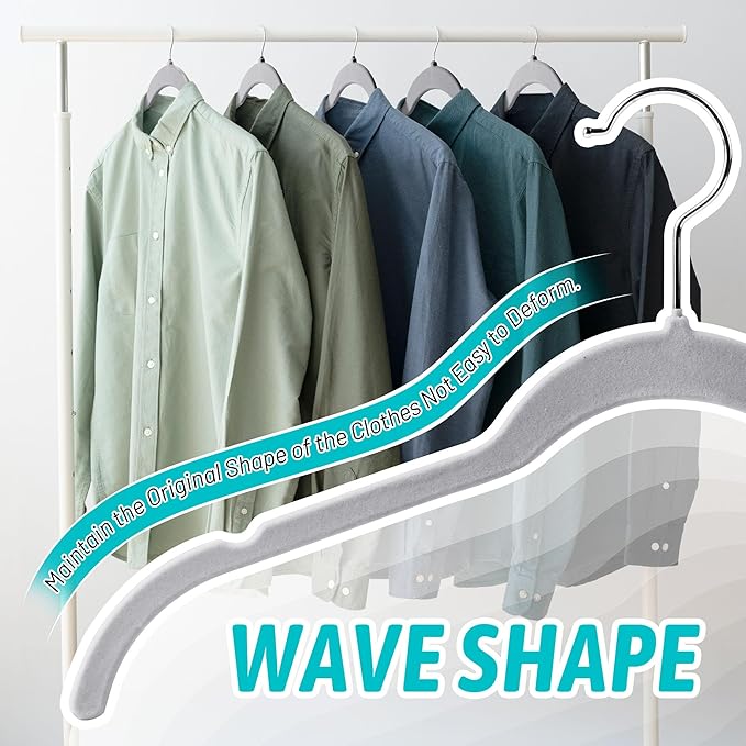 Premium Velvet Shirt Hangers 50 Pack, Space-Saving Non-Slip Felt Hanger with 360° Swivel Hook, Slim Flocked Hangers for Strappy Dresses, Blouses, Tank Tops(Grey)