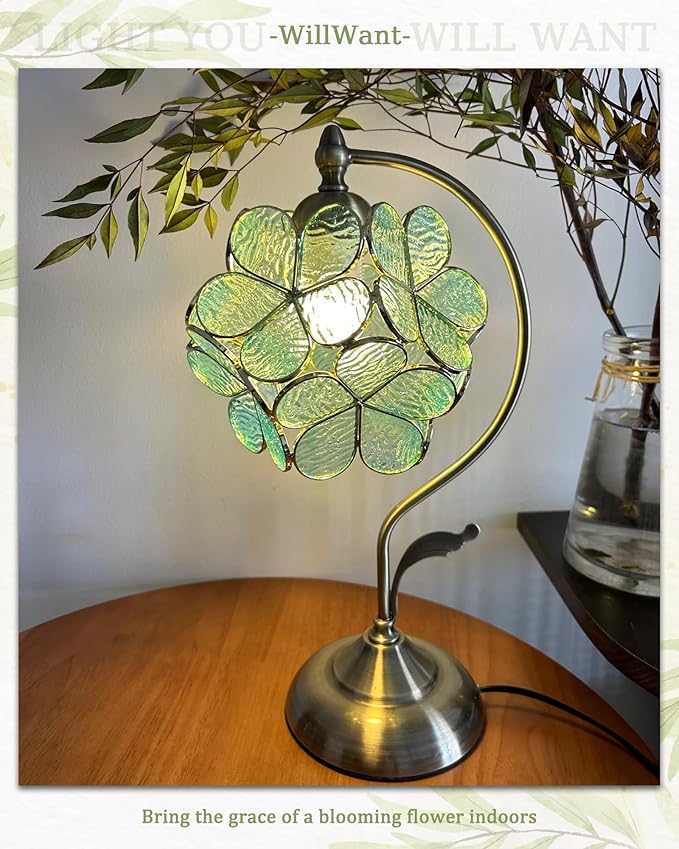 Tiffany Style Flower Table Lamp, Vintage Cherry Blossom Stained Glass Lamp with Brass Base for Bedroom Bedside Home Decor, Vintage Mint (Blue-Green)