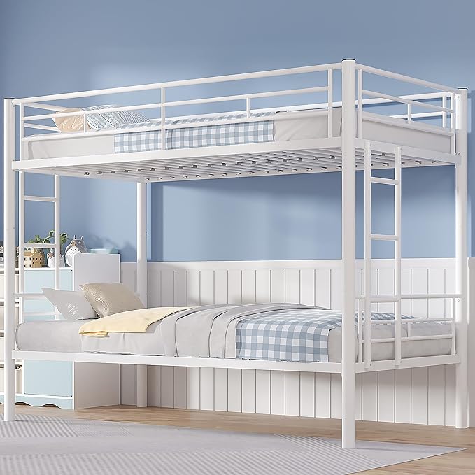 VECELO Bunk Bed Twin Over Twin, Metal Bunkbeds with Ladder and Full-Length Guardrail, No Box Spring Needed, Space Saving, Noise Free, White
