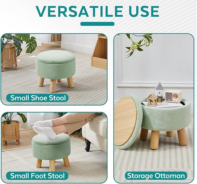 FIMIVIBI Small Foot Stool Ottoman with Storage, Soft Faux Fur Ottoman Foot Rest for Couch, Round Footstool with Storage, Small Ottomans and Footstools for Living Room and Entryway (Light Green)