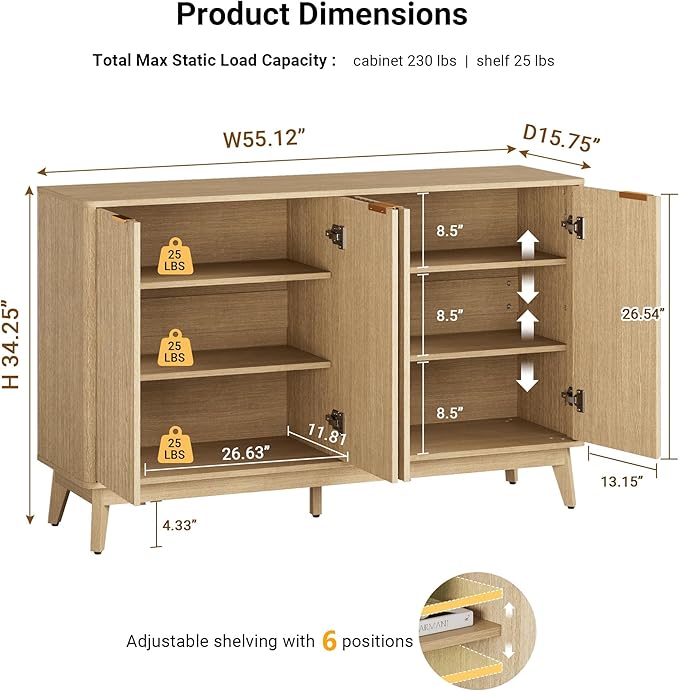 Sideboard Cabinet, 55'' Buffet Cabinet, Modern Fluted Storage Cabinet with Adjustable Shelf & Doors, Accent Credenza Sideboard for Kitchen, Coffee Bar, Living Room, Entryway, Hallway