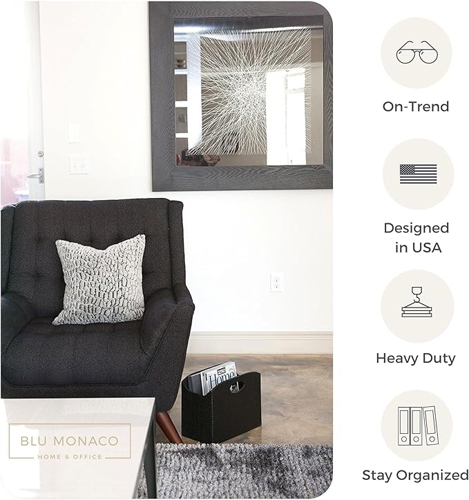 BLU MONACO | Black Woven Leather Magazine Holder with Handles | Stylish Magazine Rack for Floor or Table | Decorative Basket for Living Room, Office, or Reception