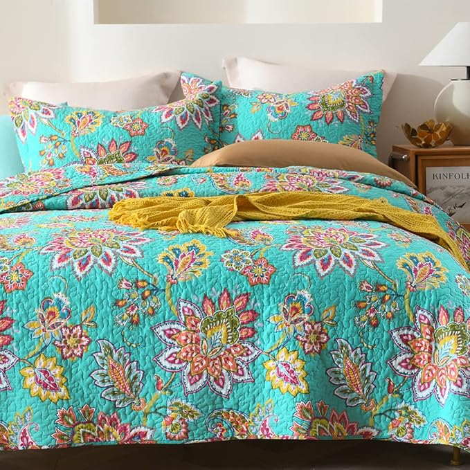 Cotton Bedspread Quilt Sets Reversible Bedding Coverlet Sets Comforter Paisley Floral Bedspread (Green Vintage Floral, Queen Size)