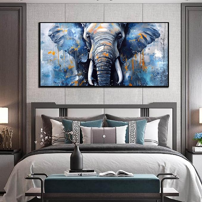 Elephant Wall Art for Living Room, Animal Canvas Wall-Decor for Bedroom, Blue Picture Print, Large Size 59x29 Inches Framed