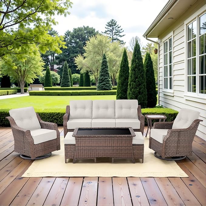 Belord Luxury 6-inch Thick Cushion Patio Furniture Set - Outdoor Swivel Rocker Glider Chairs Set of 4 with Glass Top Side Table, All-Weather Wicker Patio Conversation Set for Deck Balcony Sunroom