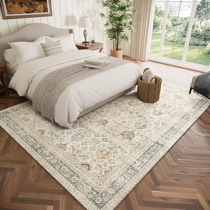 Washable 6x9 Area Rugs for Living Room, Boho Non-Slip Vintage Distress Large Rugs for Bedroom Dining Room Nursery Office, 0.3" Neutral Oriental Throw Thin Carpet, Grey/Beige/Orange/Multi