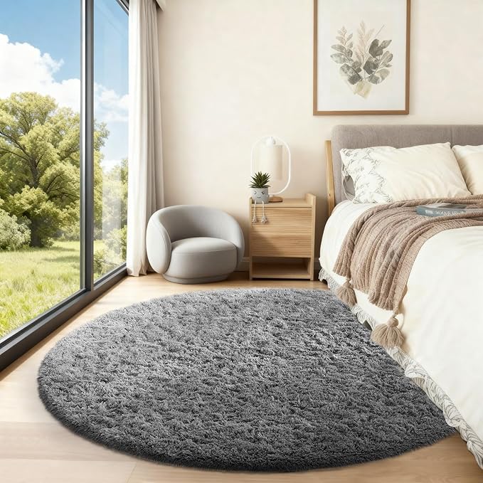 Ophanie Round Rug 5Ft Grey Circle Area Rugs, Fluffy Fuzzy Bedroom Carpet 5 Foot, Plush Shag Indoor Floor Gray Living Room Christmas Circular Aesthetic Decor for Kids Teen Boys Baby,Nursery, Classroom