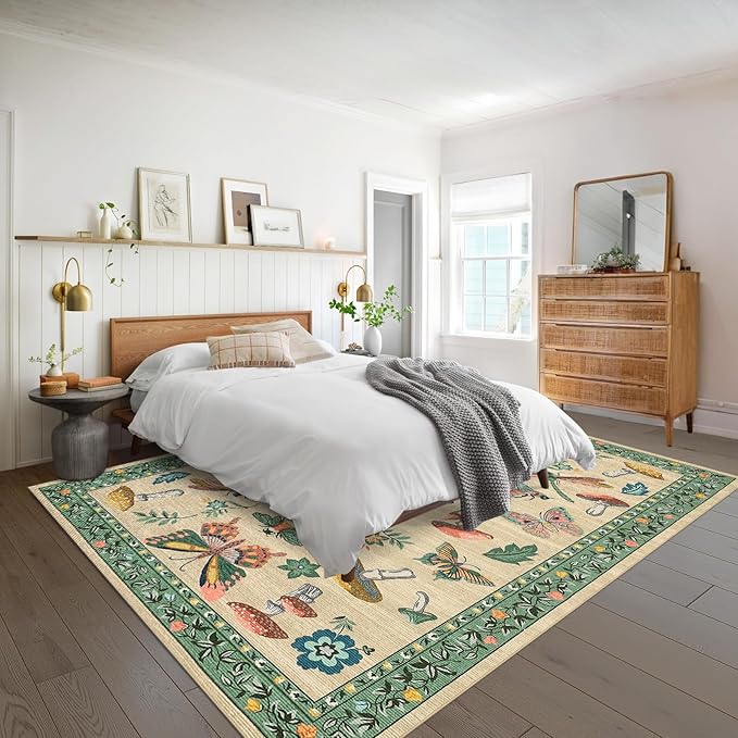 Mushroom Insect 8x10 Area Rugs, Washable Rugs for Living Room Non Slip Stain Resistant Low Pile Modern Butterfly Carpet for Bedroom Dining Room Nursery Playroom Office, Khaki Green