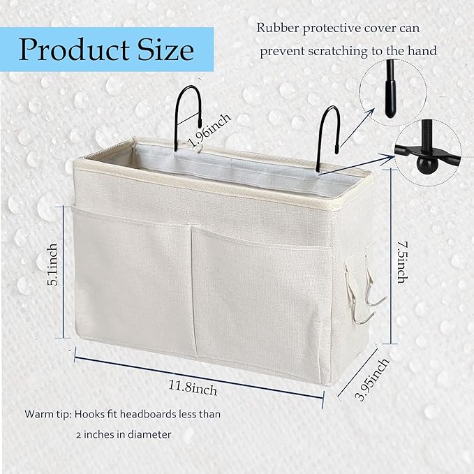 Someteth Bedside Caddy Organizer & Bedside Storage Basket Multi-Function Organizer for Bunk, Hospital Beds, Dorm Bed Rails,| Holds Magazines, Books, Glasses, Phone | Space-Saving (White 2 Pack)