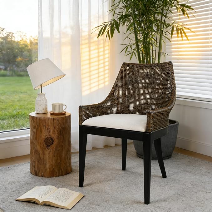 DUHOME Natural Cane Mesh Rattan Accent Chair, Tropical Coastal Woven Back Armchair with Beige Fabric Cushion & Black Tapered Wood Legs, Ergonomic Comfort for Living Room Dining Room Bedroom