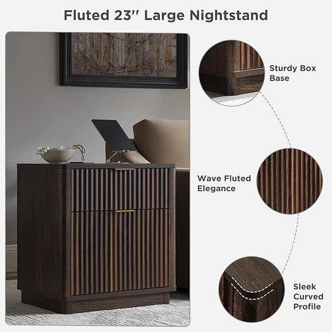 T4TREAM 23'' Fluted Nightstand with Charging Station, Large 2 Drawer Bedside Table, Modern End Table with Storage, Mid Century Night Stand for Bedroom, Living Room, Curved Profile, Dark Walnut