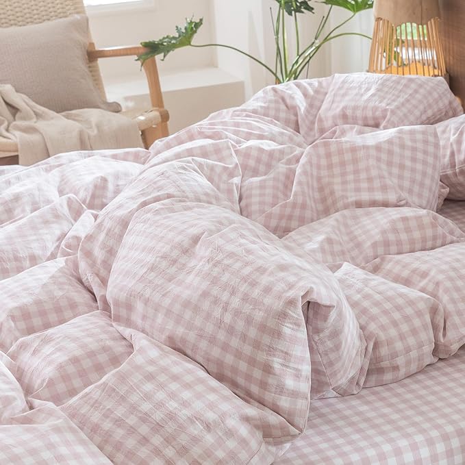 MooMee Gingham Duvet Cover Set 100% Washed Cotton Linen Like Textured Breathable Durable Soft Comfy Modern Checkered Design (Classic Gingham Greyish Pink, Cal King 104"x98")