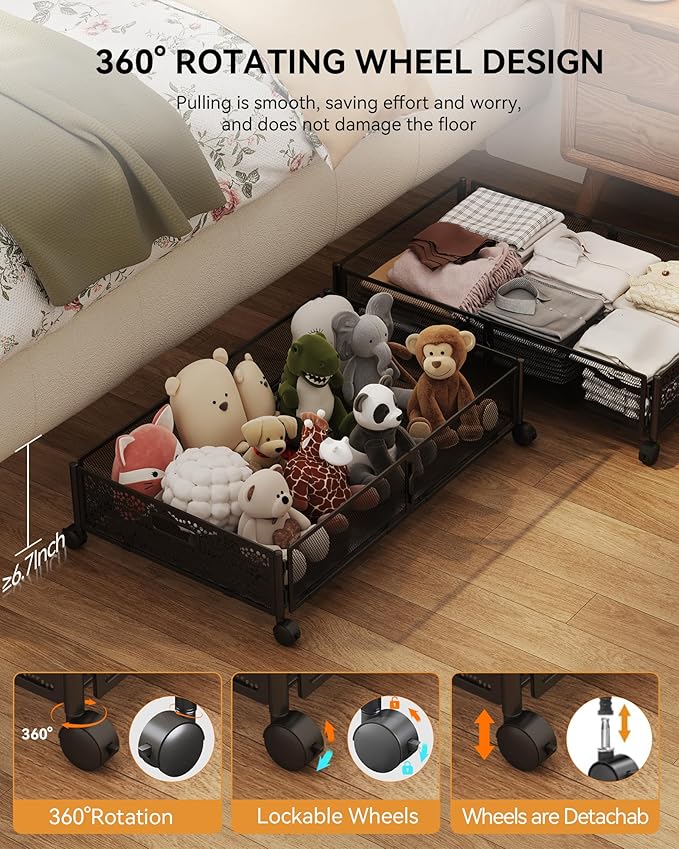 Under Bed Storage with Wheels, Foldable Pattern Carved Metal Under The Bed Storage, Tool-Free Assembly Under Bed Organizer, 60L Underbed Storage for Bedroom Clothes Blankets Shoes Toys