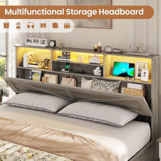 VIAGDO Farmhouse Bed Frame King Size with Bookcase Storage Headboard, Charging Station and LED Lights, Wooden King Bed Frame with 4 Drawers, Barn Door Design, No Box Spring Needed, No Noise, Grey