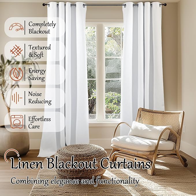 Blackout Curtains for Living Room 95 Inch Length 2 Panels Set, Thermal Insulated 100% Black Out Privacy Soundproof Grommet Farmhouse Linen Window Curtains for Bedroom Darkening, White, Each 52”Wide