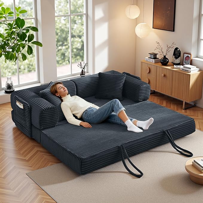Boneless Couch Folding Couches for Living Room Sofa, Futon Sofa Bed with Sleeper Sofa, Futon Couch with Fixed-Shape Oversized Corduroy Upholstered (Dark Gray, 81 Inches)