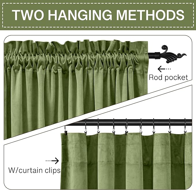 StangH Grass Green Curtains Velvet Drapes 108 inches Long Light Blocking Patio Door Curtain Panels Rod Pocket Window Treatment Set for Villa Parlor Holiday Decor, W52 x L108, 2 Panels