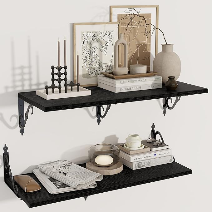 Dreamland Deep Floating Shelves, 31" W x 12" D Wall Shelves Set of 2, Wide Display Shelf Wall Mounted with Brackets, Bookshelf for Living Room, Bathroom, Bedroom, Black