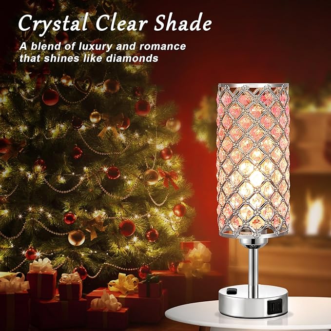 Pink Crystal Lamp Set of 2, 3 Way Dimmable Touch Lamp for Bedroom with Crystal Shade, Bedside Nightstand Lamps for Living Room Bedroom Home Office