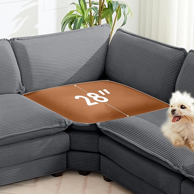 ROWHY 150'' Modular Sectional Corner Cloud Couch, 7 Seater Sofa Big Comfy Corduroy V Shaped Couch with 4 Throw Pillows, Movable Ottoman, Couches for Living Room Office Dark Grey