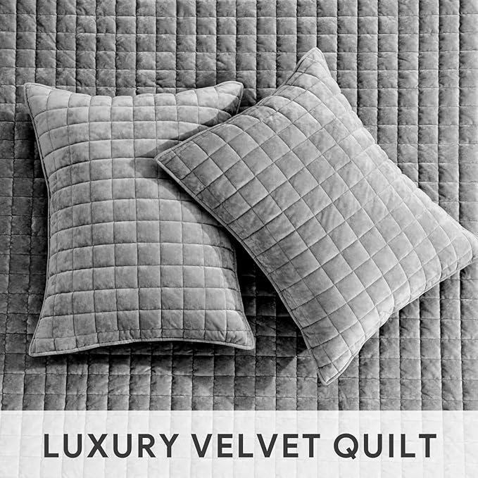 RECYCO Luxury Velvet Quilt Set Full Queen Size Bedding Sets, Ultra Soft Velvet Comforter Set, Lightweight Channel Box Stitch Oversized Bedspread Coverlet for All Season, with 2 Shams, Charcoal Gray