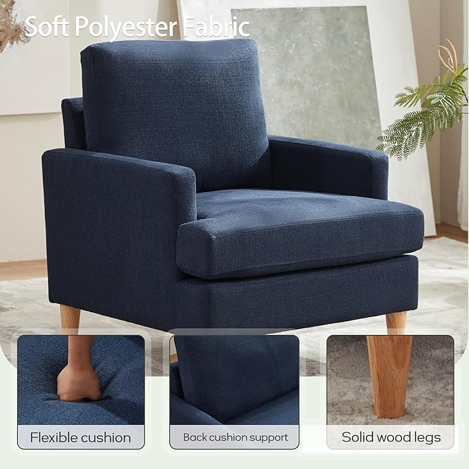 VKNOW Mid-Century Accent Chairs Set of 2, No Tools Assembly Required, Modern Upholstered Polyester Armchairs for Living Room & Bedroom, Comfortable Reading Chairs with Wood Legs, Navy Blue