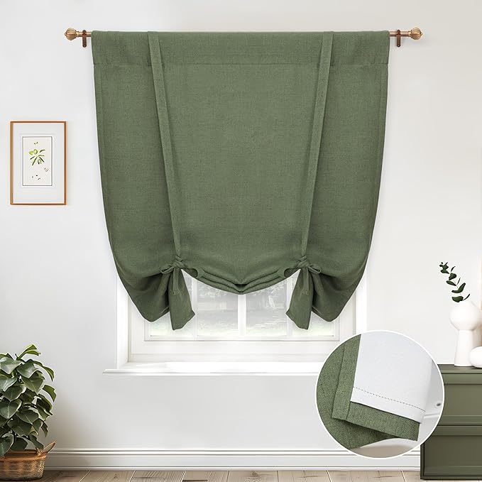 DriftAway Double Layer Linen Blackout Tie Up Curtains Thermal Insulated Fully Lined Balloon Roman Shade Bathroom Window Adjustable Rod Pocket for Small Window 45 Inch by 63 Inches Olive Green
