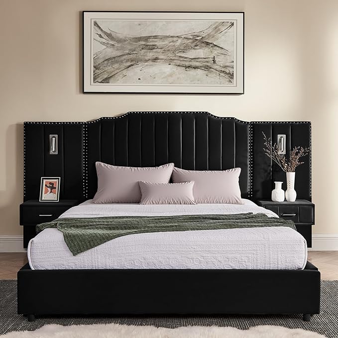 Luxury Queen Bed Frame with Headboard and Storage, Velvet Fabric Upholstered Platform Bed Frame Queen Size with LED Lights, Solid Frame & Bedside Table, No Box Spring Needed, Black