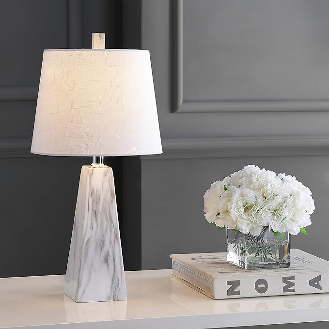 JONATHAN Y JYL1037A 20.5" Modern White Marble Table Lamp, Contemporary Geometric Resin Bedside Nightstand Lamp for Living Room, Bedroom, Office, End Table with White Linen Shade (LED Bulb Included)
