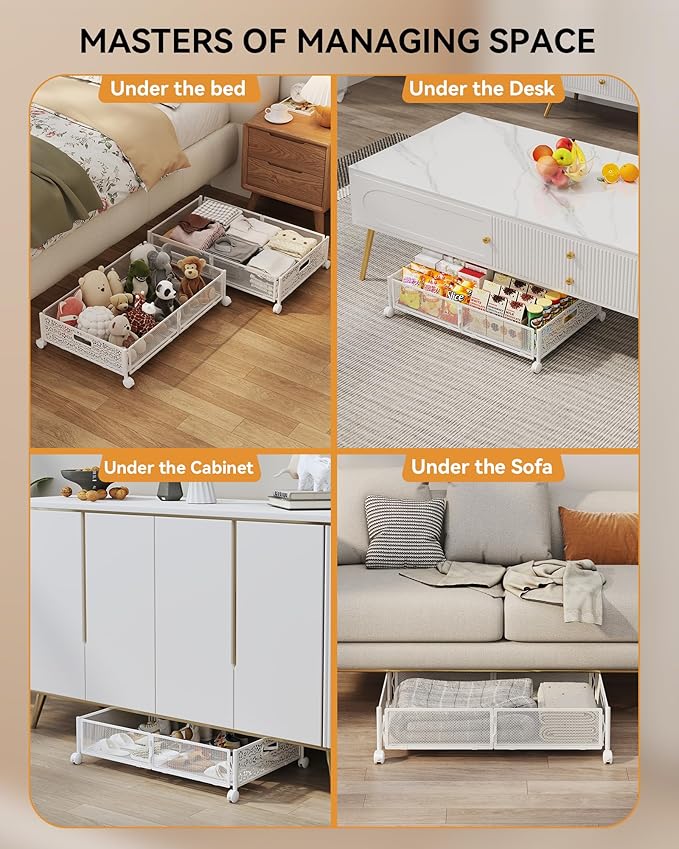 Under Bed Storage with Wheels, Foldable Pattern Carved Metal Under The Bed Storage, Tool-Free Assembly Under Bed Storage Containers, 60L Underbed Storage for Bedroom Clothes Blankets-2 Pack