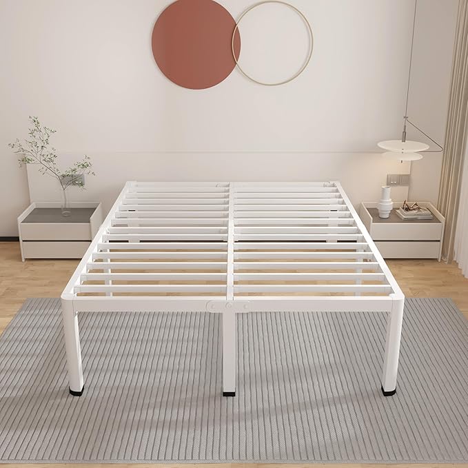 ROIL 12 Inch White Queen Bed Frame with Rounded Corner and Headboard Hole Mattress Retainers, 3500LBS Heavy Duty Steel Slats No Box Spring Needed Platform Noise-Free Easy Assembly