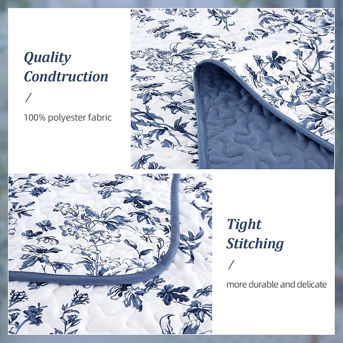 WONGS BEDDING Quilt King Size, Blue Quilt Bedding Set with 2 Pillowcases, Botanical Quilt for King Bed, Soft Microfiber Lightweight Coverlet Bedspread for All Season (110"×90", 3 Pieces)